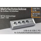 4-fach Steckdosenblock, USB-A+C, silber 250V~/ 16A, Aufbaumontage, USB 3,1A, PD