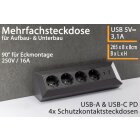 4-fach Steckdosenblock, USB-A+C, schwarz 250V~/ 16A, Aufbaumontage, USB 3,1A, PD